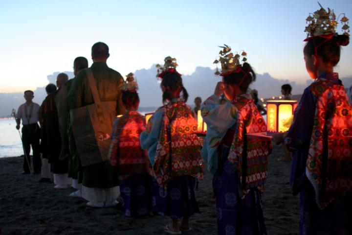 Bonbori lanterns will be placed in the sea to send to one's ancestors. Shown is Bon festival at Hayama Beach, Kanagawa, Japan