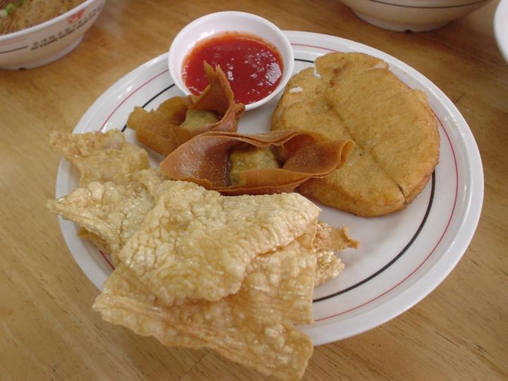 A plate of fried fish cake, which is an excellent side dish at this restaurant.