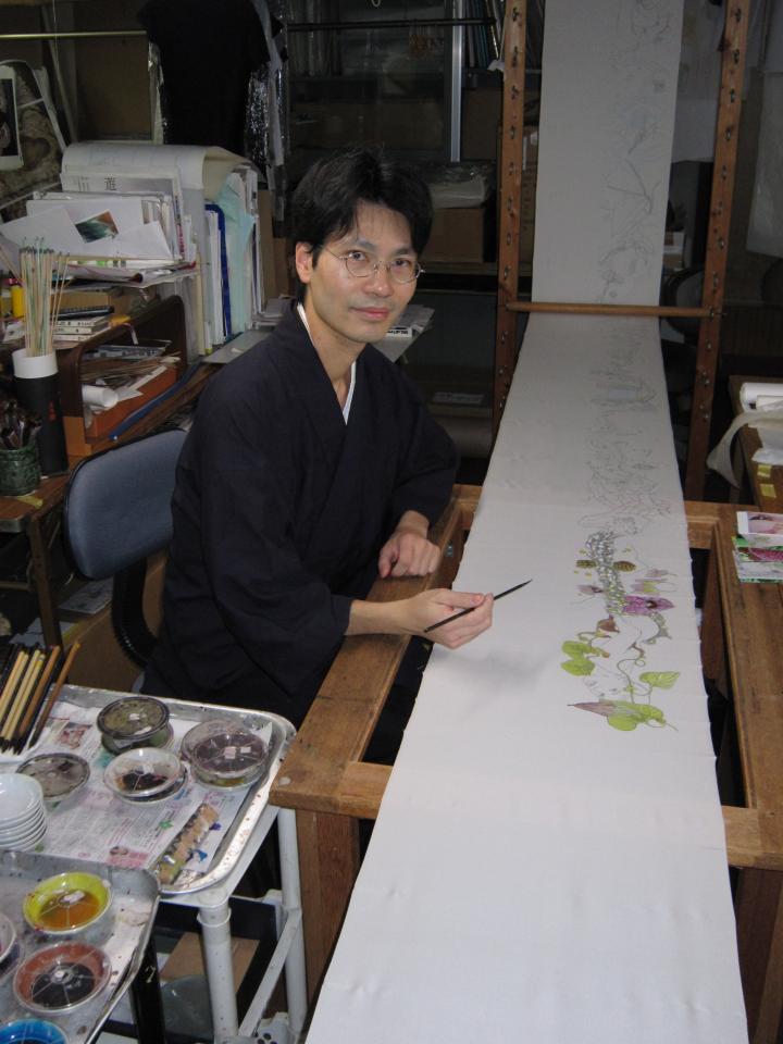 Me at Ishida Mansen Koujo, Kyoto learning yuzen dye painting on silk