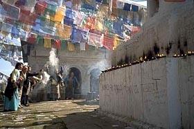 Pro-Tibetan graffiti on the wall of the Buddhist stupa atop Jamacok Peak, on the NW edge of the Kathmandu Valley, Nepal.