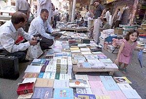Second-hand and photocopied books for sale on the pavement of Baghdad's famous Mutanabbi street, a popular meeting place for booklovers on the Muslim weekend.