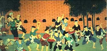 This close-up of a painting hanging in a Chiang Mai cafe depicts the Song Kran 'water-war' festival as it was conducted long ago. In the bottom left hand corner, two Thais give each other a good dousing.