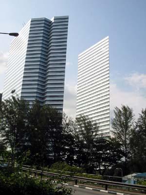 The two office block resembles cardboard buildings from a distance.