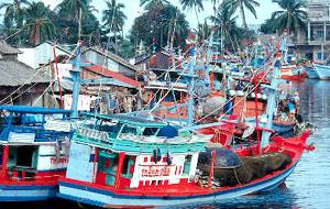 Colourful fishing boats line the waterfront, in Duong Ðong town, Phu Quoc, Vietnam.
