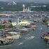 An overview of Kampung Ayer (water village) where houses sit on wooden stilts in Brunei.
