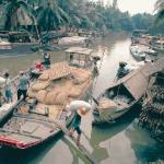 Workers in Tien Giang Province bring bags of rice to a mill near the city of My Tho. My Tho, the provincial capital, is an inland port on the Tien Giang or Upper River of the Mekong. A day trip from Ho Chi Minh City, the farms here grow rice, coconuts, bananas, mangos, longans and citrus fruits.