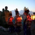 Bonbori lanterns will be placed in the sea to send to one's ancestors. Shown is Bon festival at Hayama Beach, Kanagawa, Japan