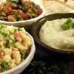 Tabouli, Roasted Garlic Mutabal and Lentil Salad
