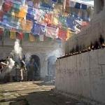 Pro-Tibetan graffiti on the wall of the Buddhist stupa atop Jamacok Peak, on the NW edge of the Kathmandu Valley, Nepal.