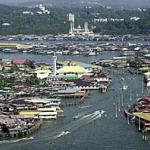 An overview of Kampung Ayer (water village) where houses sit on wooden stilts in Brunei.
