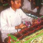 Musician in the traditional Gamelan orchestra playing at the bride's home