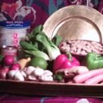 Cellophane noodles, coconut milk, radishes, green beans, shallots, garlic, bok choy, lime, mushrooms, roasted peanuts, red & green bell peppers, ginger root, jalapeno peppers, ginger root, carrots & scallions.