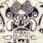 Shown here is a batik rendering of the mask worn by the spooky "old man" of the Gabor dance. The old man doesn't dance per se; he tremors and grooms himself, only occasionally falling into paroxysms, accompanied by crashing gamelan music.