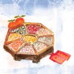 During the New Year celebrations, A tray full of happiness sits by the door, ready to share with visitors. Sweet dried fruits like candied melon, lychee nuts, kumquats, longan and coconut sit beside salty, dyed red melon seeds, lotus seeds and peanuts. Each food represents something to hope for in the new year: good health, a strong family, prosperity, being together, happiness, many babies, good children and a long life.