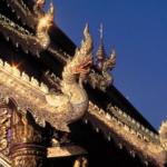Mythological serpents decorate Thai temple roofs