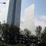 The two office block resembles cardboard buildings from a distance.